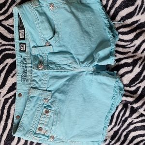Miss Me Aqua Blue Rhinestone Frayed Denim Shorts